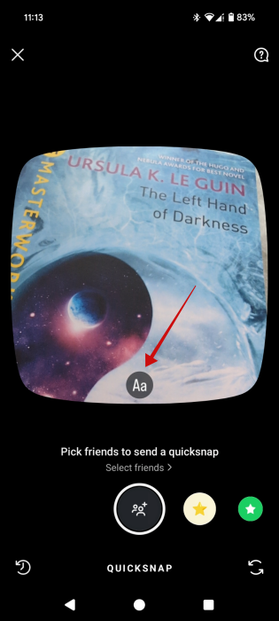 Tapping on Aa button in Quciksnap creation screen in Instagram app.