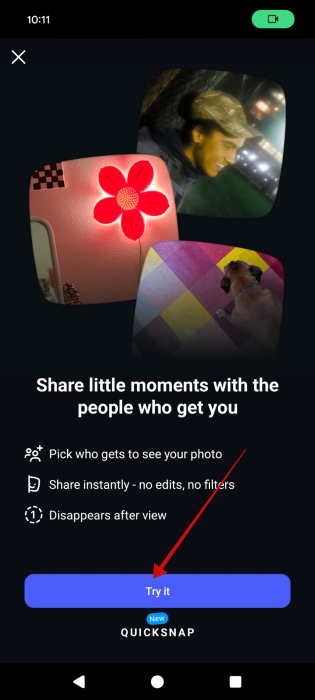 Tapping on the "Try it" button for Quicksnap in Instagram app.