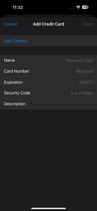 Adding new credit card in Safari browser on iPhone. 