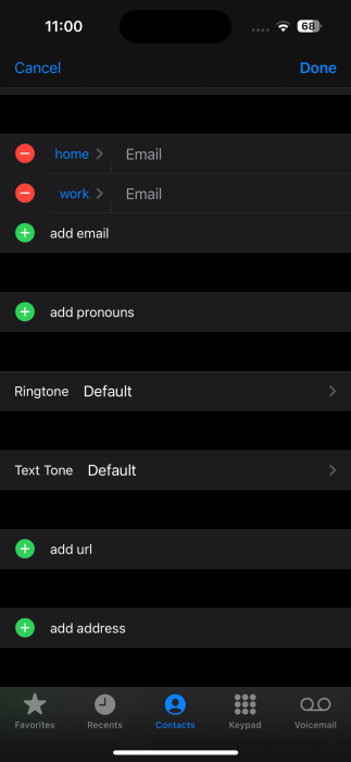 Editing data for contact on iPhone. 