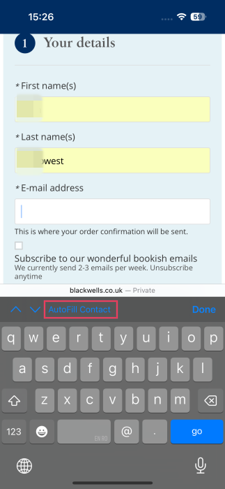 Selecting "Autofill Contact" option when using autofill on iPhone. 
