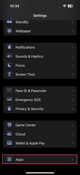 Tapping on "Apps" in iPhone Settings. 