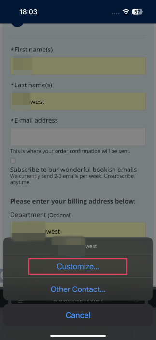 Tapping "Customize" option when using AutoFill on iPhone. 