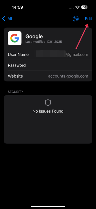 Tapping on "Edit" option to modify password in Passwords app on iPhone. 