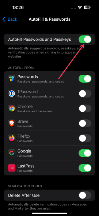 Turning on "Autofill Passwords and Passkey" option in iPhone Settings. 