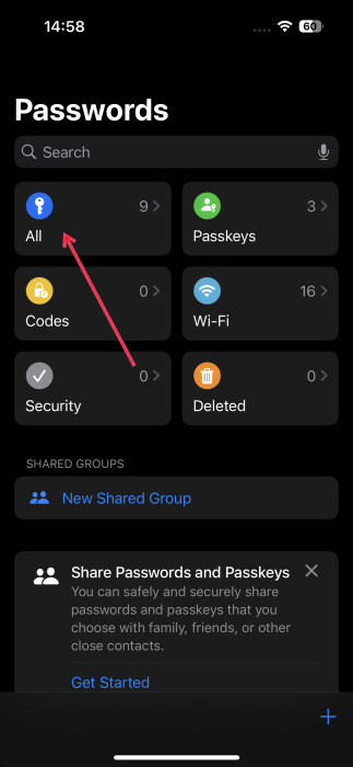Tapping on "All" option in Passwords app on iPhone.