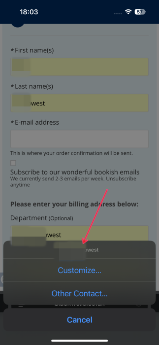 Selecting main autofill option when filling up form on iPhone.