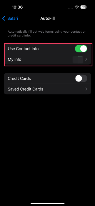 Toggling on "Use Contact Info" and setting "My Info" contact in iPhone Settings. 