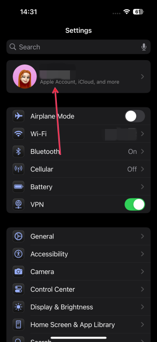Tapping on Apple Account in iPhone Settings.