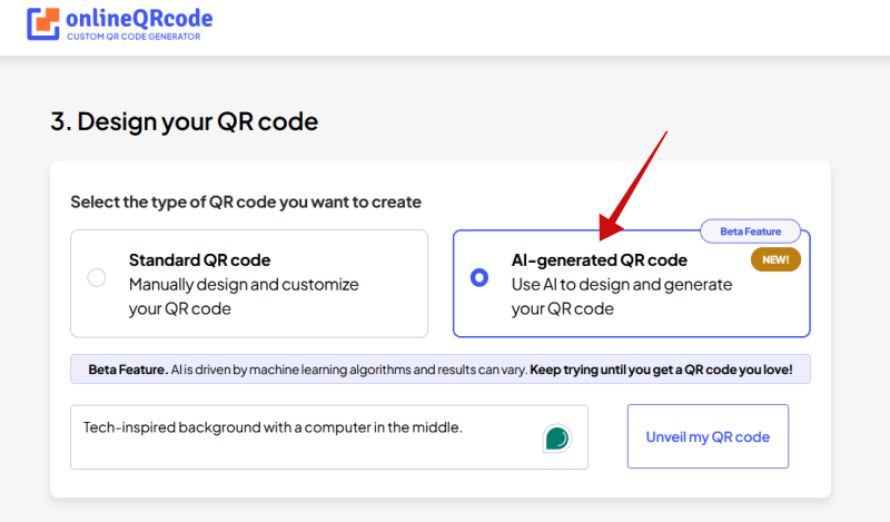 Tapping on "AI-generated QR code" option and adding prompt in OnlineQRcode.