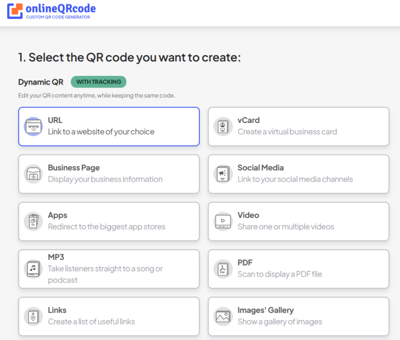Selecting type of code you wish to create with OnlineQRcode.