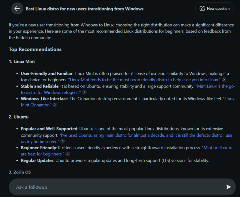 Results from Reddit Answers about Linux distro recommendation