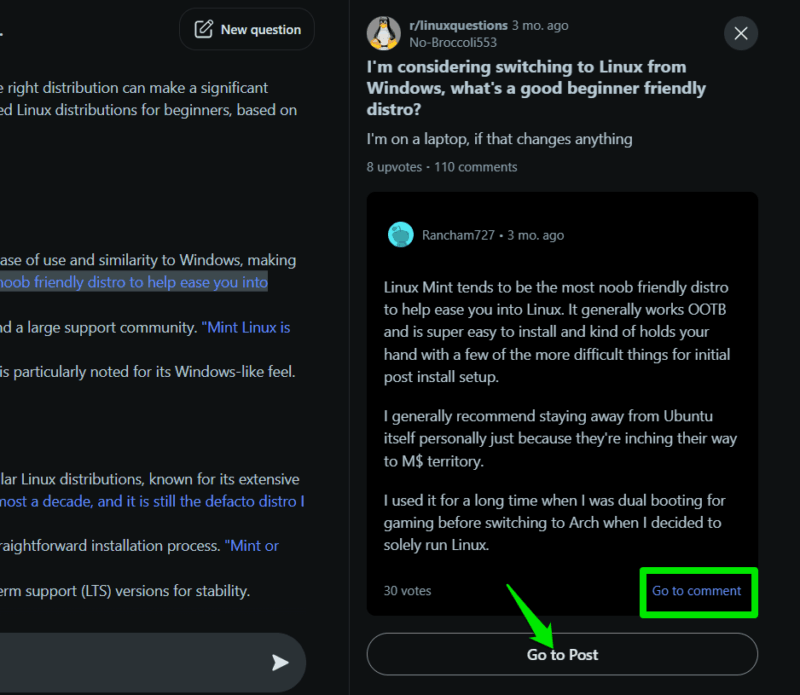 Reddit Answers opening a post in sidebar