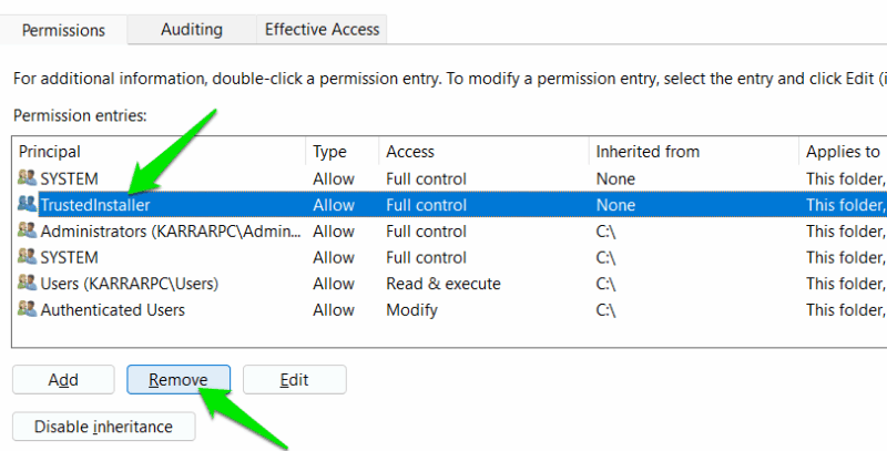 Removing permissions in Windows for TrustedInstaller