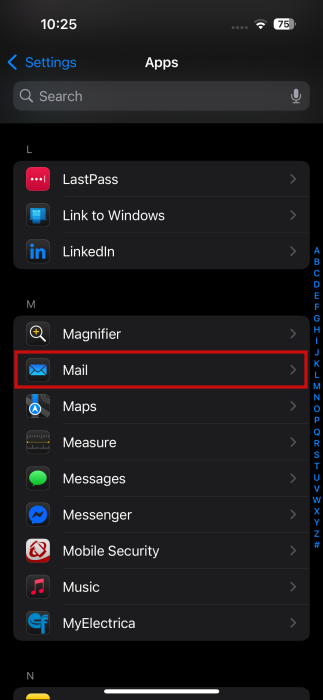 Accessing the Mail app from the list of apps on iPhone.