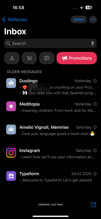 Viewing Categories in Apple Mail app on iPhone.