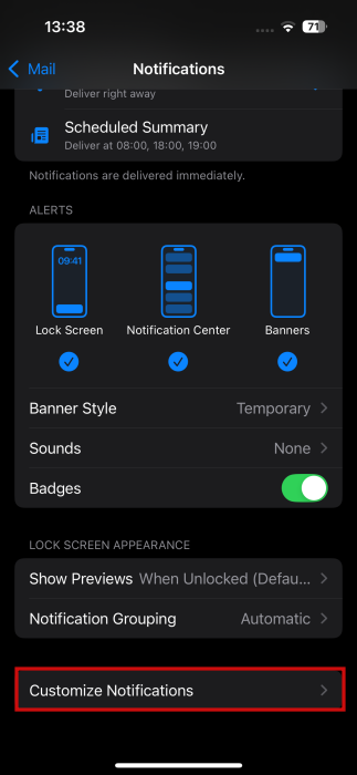 Selecting "Customize Notifications" in Mail app settings on iPhone.