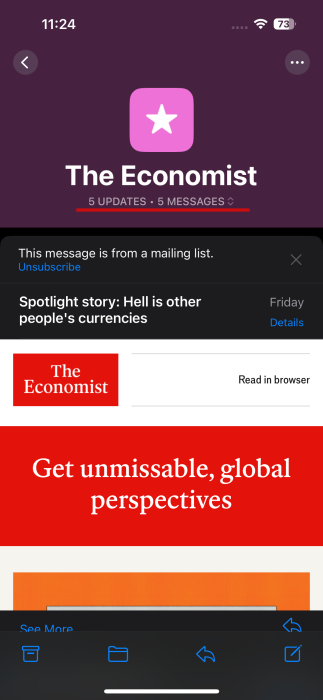 Subscriber mail thread view in Mail app on iPhone.