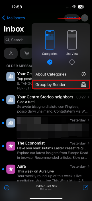 Unchecking option to "Group by Sender" in Mail app on iPhone.