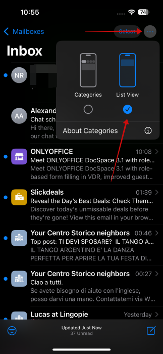 Switching to "List View" in Apple Mail app on iPhone.