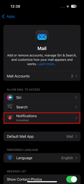 Tapping on "Notifications" in Mail app settings on iPhone.