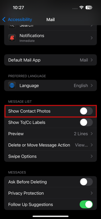 Disabling "Show Contact Photos" option in iPhone settings.