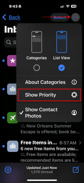 Deselecting "Show Priority" option in Mail app on iPhone.