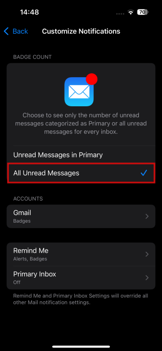 Selecting "All Unread Messages" option in Mail app settings on iPhone.