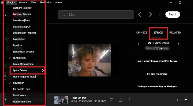 Turning on the Lyrics Genius plugin in YouTube Music app.