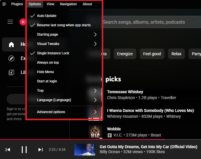 Changing YouTube Music app options.