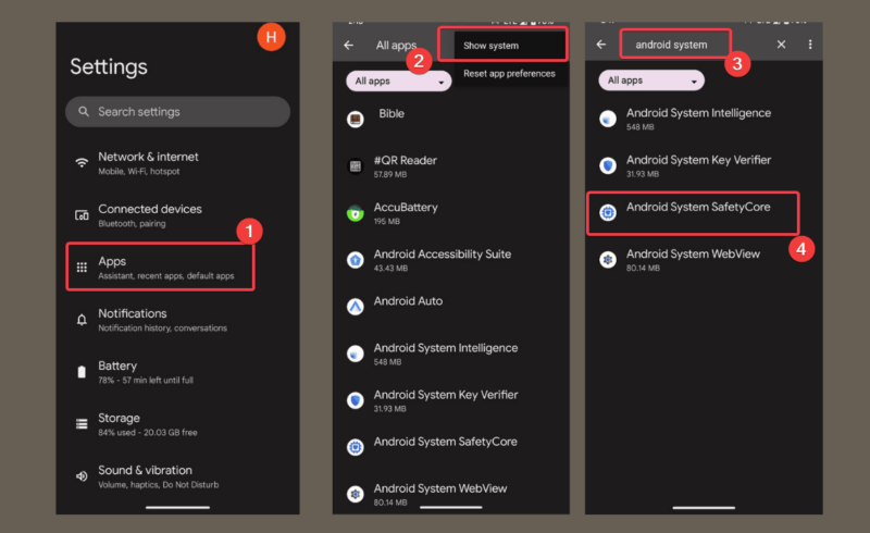 Search Android Safetycore In Settings