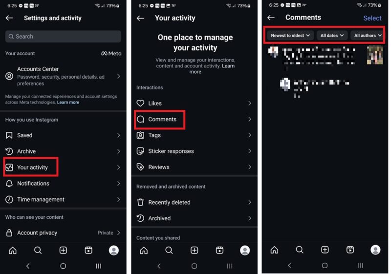 Viewing activity and comments on Instagram.