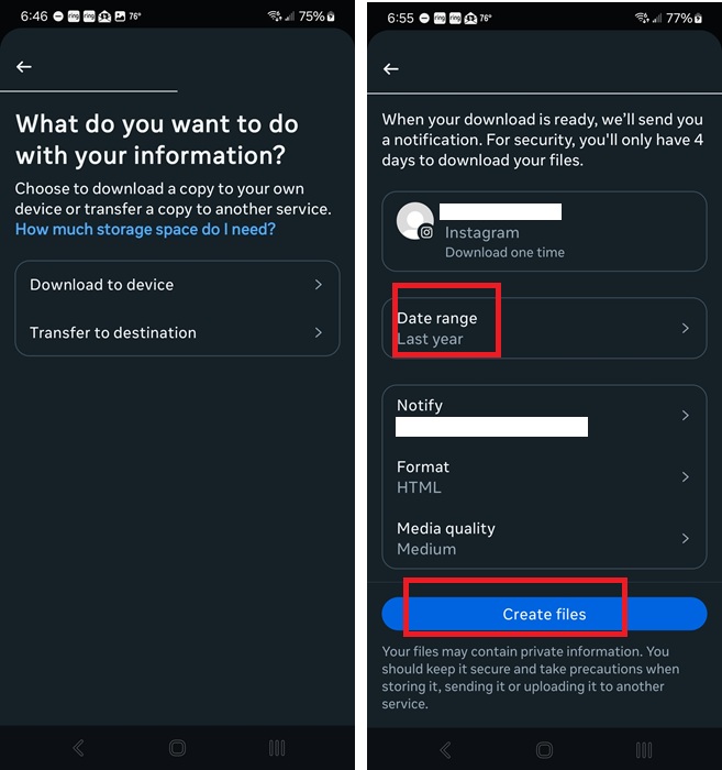 Selecting a destination and date range to download comments on Instagram.