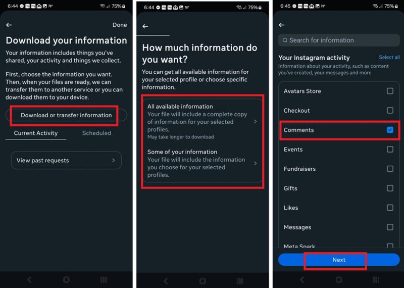 Selecting comments on Instagram to download.