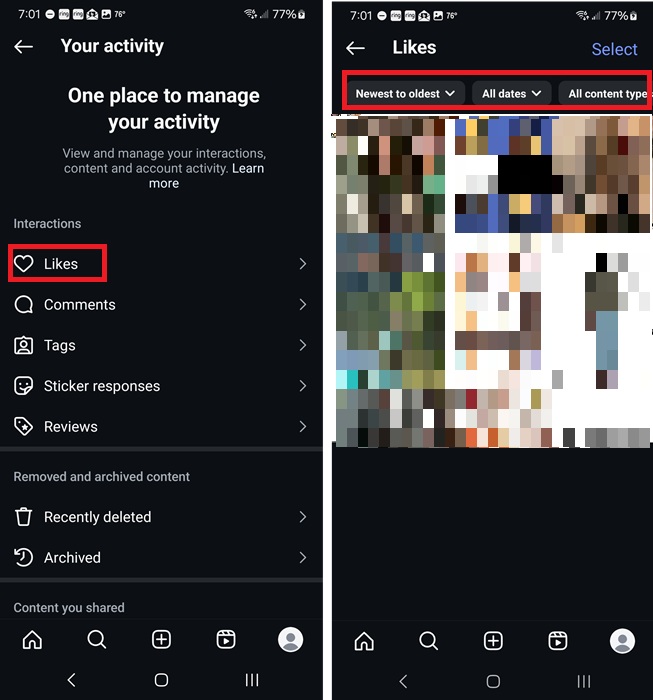 Viewing Likes on Instagram.