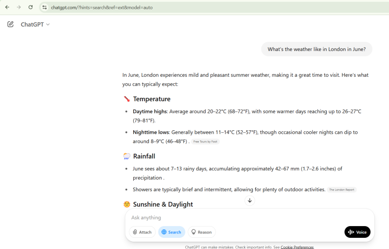 Question with answer in ChatGPT via Chrome.