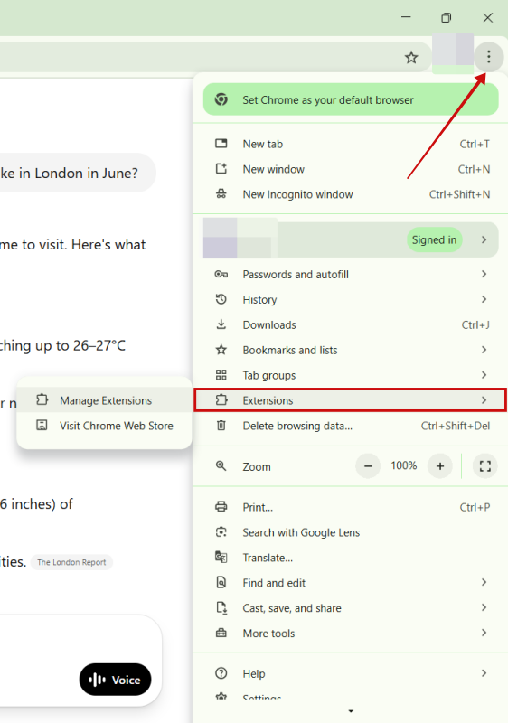 Navigating to "Manage extensions" option in Chrome browser on PC.