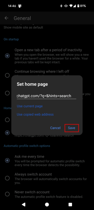 Pressing "Save" for new home page address in Edge browser on Android.