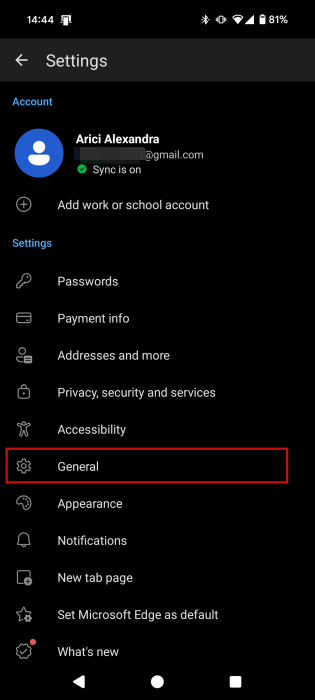 Navigating to "General" section in Microsoft Edge on Android.