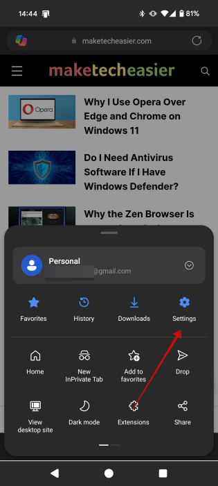 Accessing Settings in Microsoft Edge on Android.
