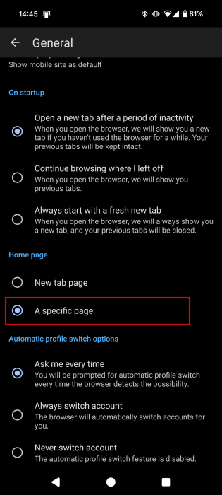 Checking the "A specific page" option in Microsoft Edge settings on Android.