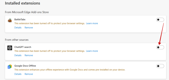 Toggling off "ChatGPT search" extension in Edge Browser on PC.