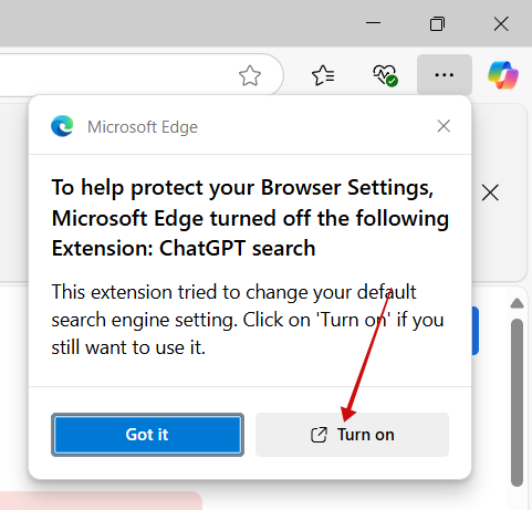 Turning on extension in Microsoft Edge browser.
