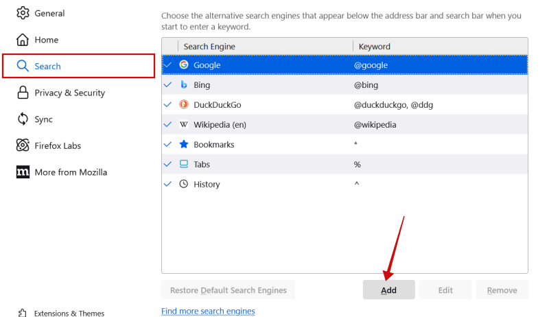 Adding new search engine in Firefox on PC.
