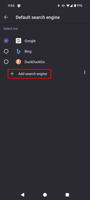 Tapping on "Add search engine" in Firefox for Android.