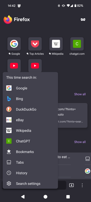 Quickly changing search engine from Firefox browser on Android.