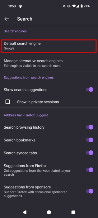 Going to "Default search engine" in Firefox for Android.