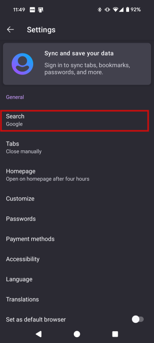 Accessing Search in Firefox for Android.