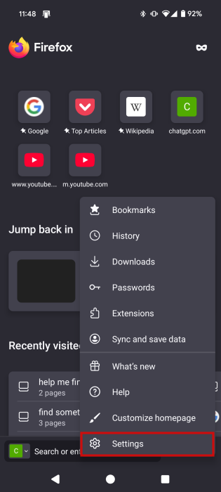 Going to Settings in Firefox for Android.