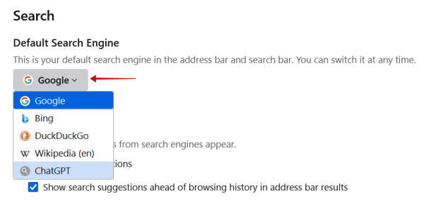 Changing default search engine in Firefox browser on PC.